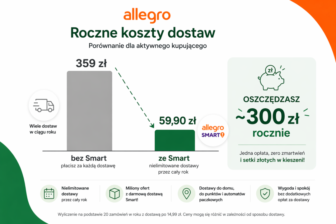 Grafika infograficzna porównująca roczne koszty dostaw z Allegro Smart i bez