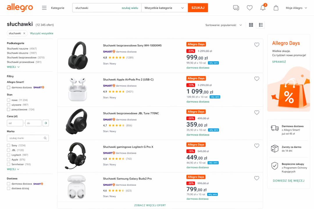 listingu produktów na Allegro z widocznym pomarańczowym oznaczeniem "Allegro Days"