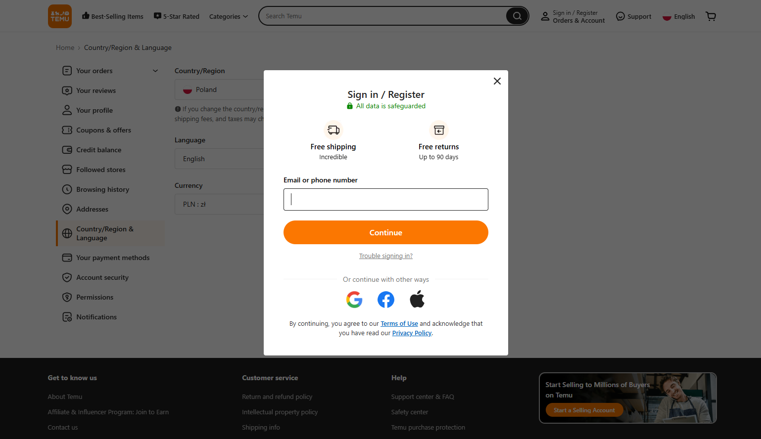 Temu login 