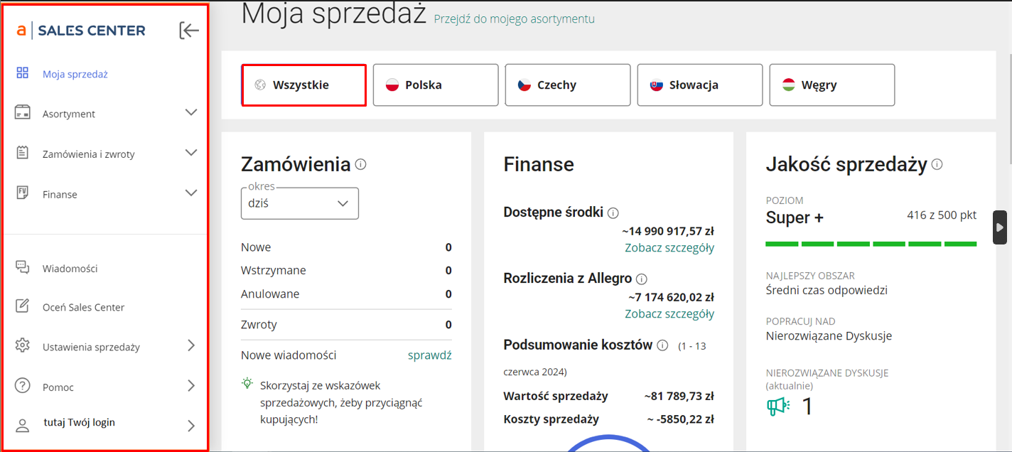Screenshot interfejsu Sales Center Allegro